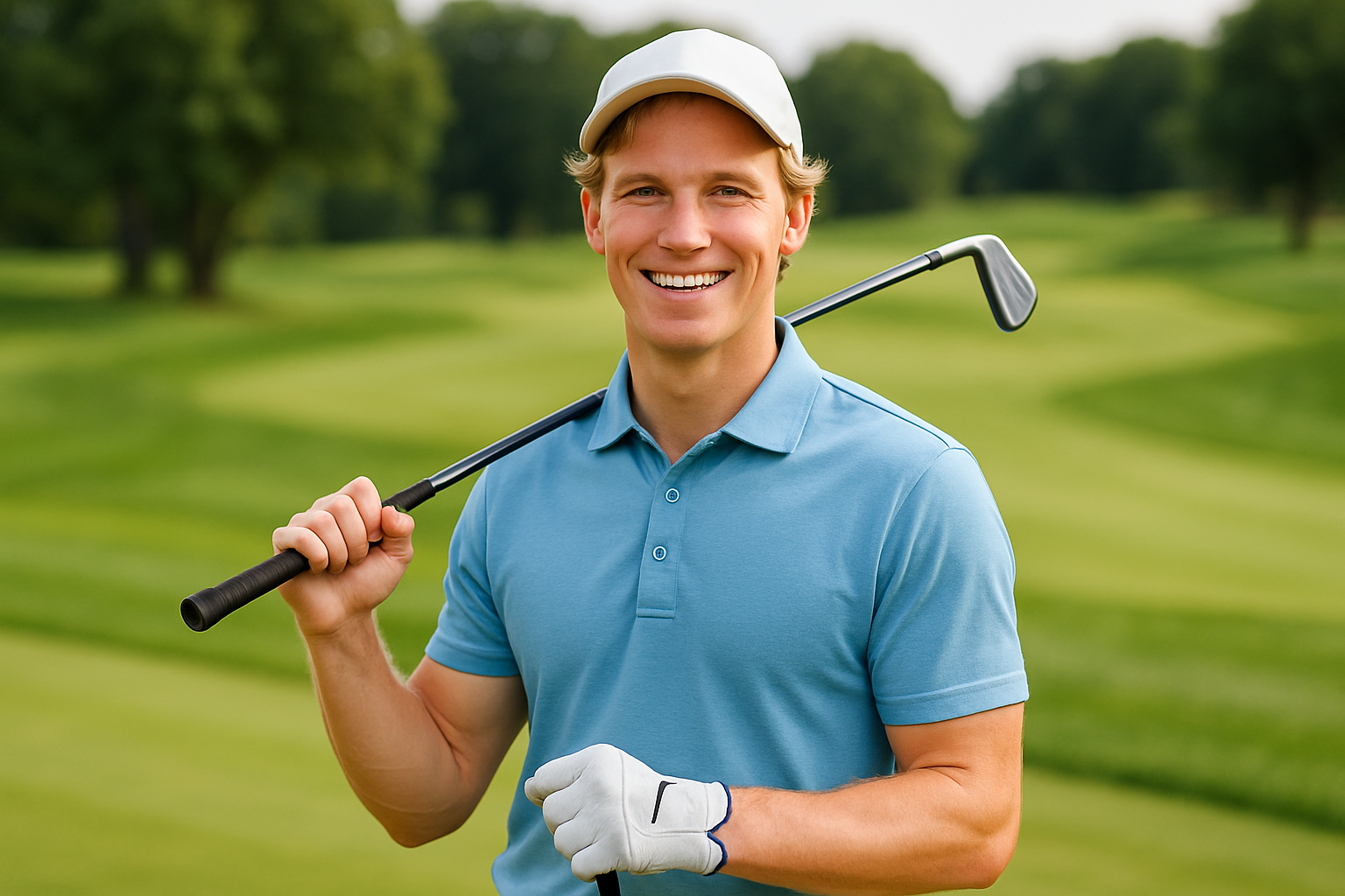 a blonde male golfer smiling