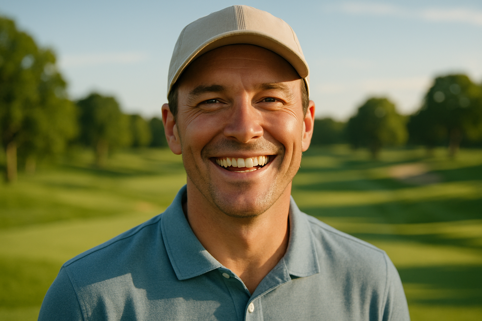 image of a face of a golfer smiling on a golf course